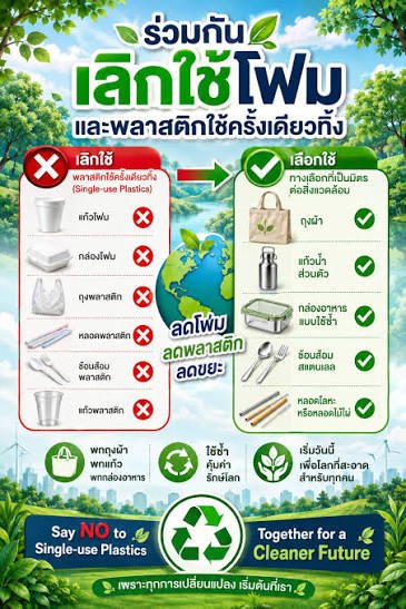 ส่งเสริมและสบับสนุนการลดหรือเลิกใช้โฟมและบรรจุภัณฑ์พลาสติกชนิดใช้ครั้งเดียวทิ้ง(Single - use plastics)